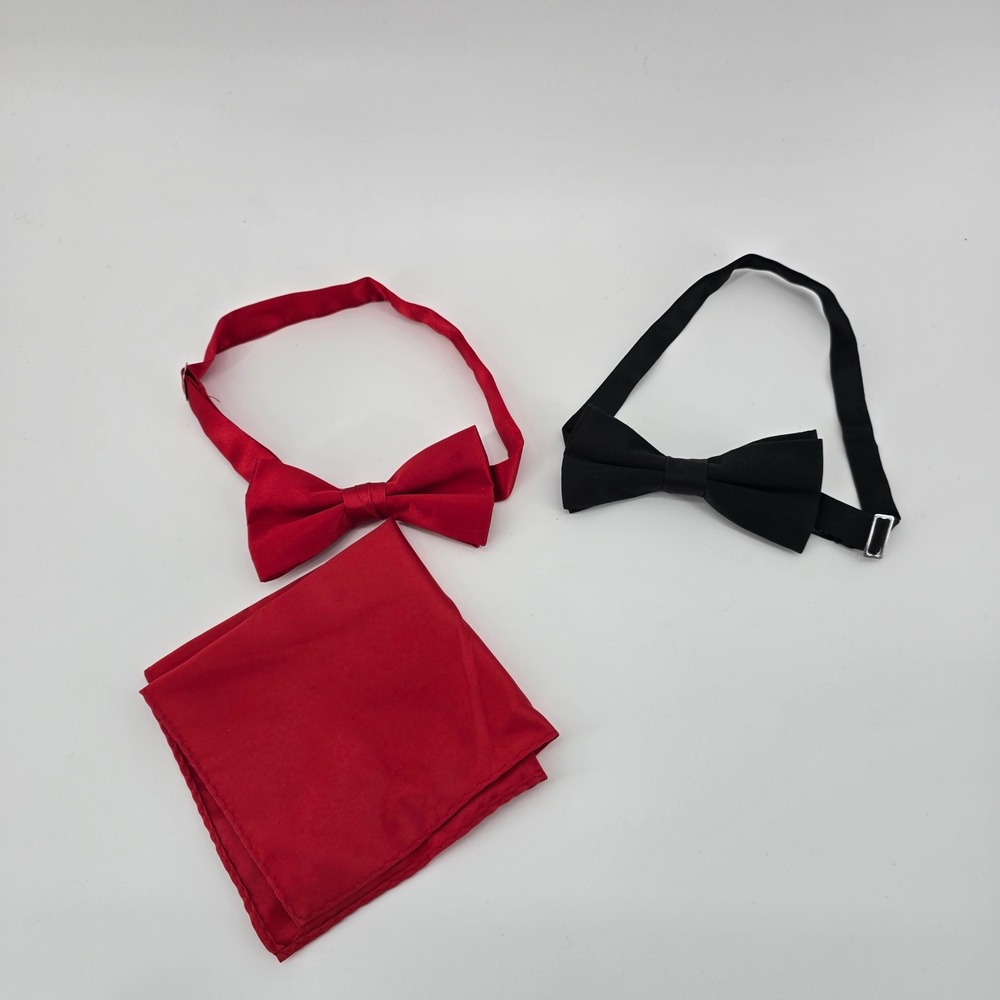 Bow Tie Set Mens Pre-Tied Adjustable Red Black One Size Red Pocket Square